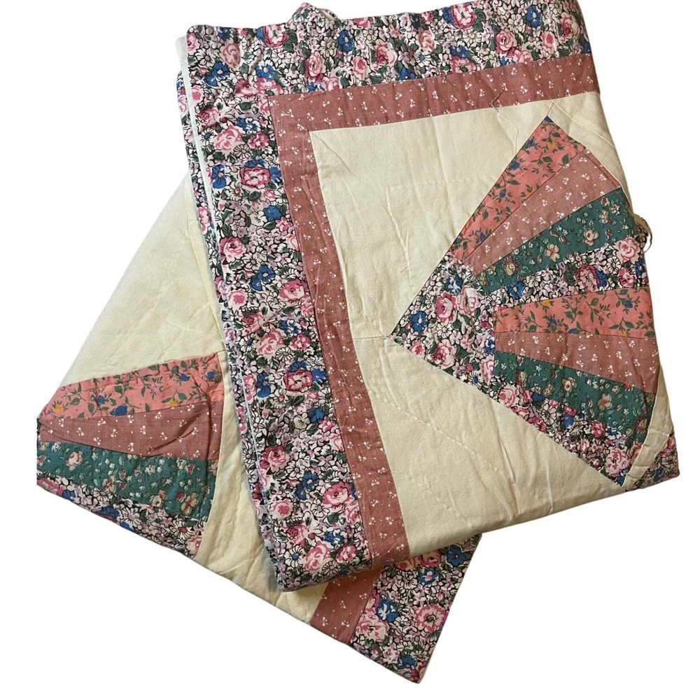 Vintage PAIR Quilted Grandmothers Fan Pillow Shams 26x20 Cotton Pink floral